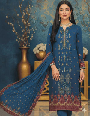 Navy Blue Embroidered Dhanak 3-Piece Suit - HS Luxury Shirt, Dupatta & Trouser Set | H.S-07D