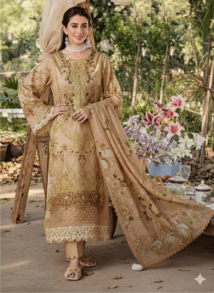 HS Exquisite Beige Embroidered 3-Piece Suit - Elegant Shirt, Dupatta & Trouser Set |H.S-09D