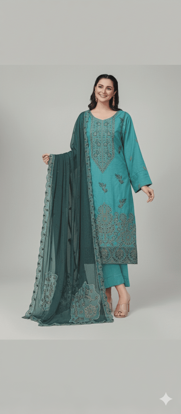 HS Turquoise Viscose 3-Piece with Gold Embroidery | H.S-06V