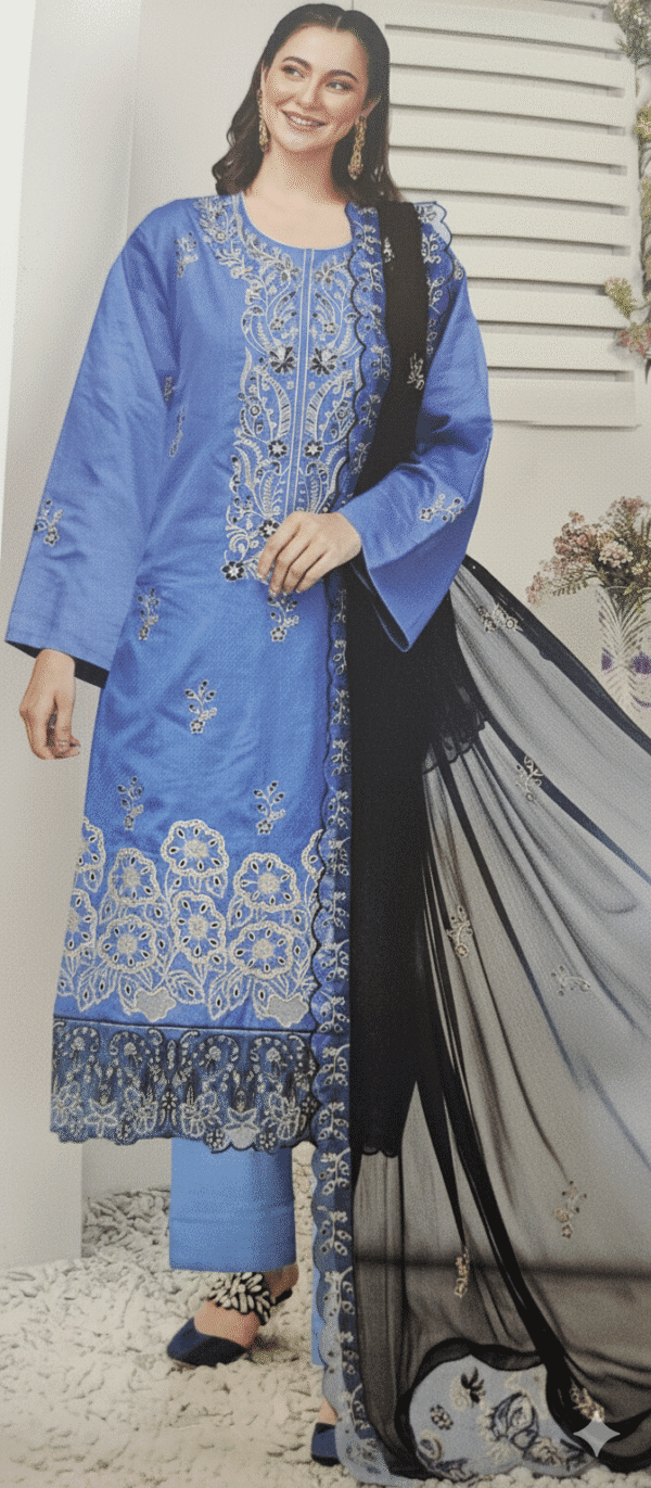 HS Luxurious Blue Viscose 3-Piece with Gold Embroidery | H.S-07V
