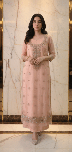 Peach Handmade Embroidered Net Cut Dana Dress with Camisole | H.S-35