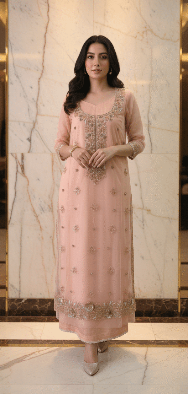 Peach Handmade Embroidered Net Cut Dana Dress with Camisole | H.S-35