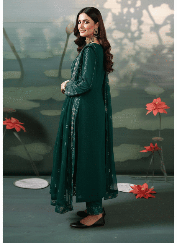 HS Elegant Emerald Embroidered 3-Piece Suit - Stylish Shirt, Dupatta & Trouser Set |H.S-11D - Image 2