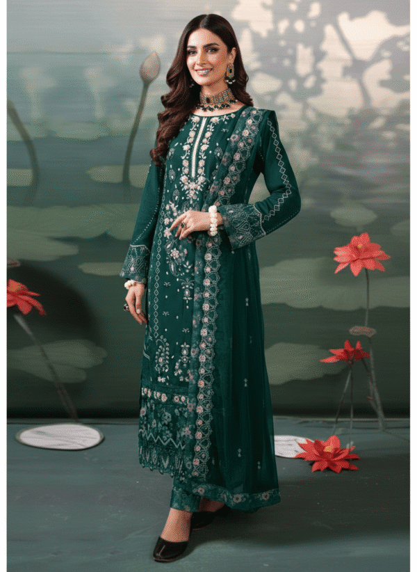 HS Elegant Emerald Embroidered 3-Piece Suit - Stylish Shirt, Dupatta & Trouser Set |H.S-11D