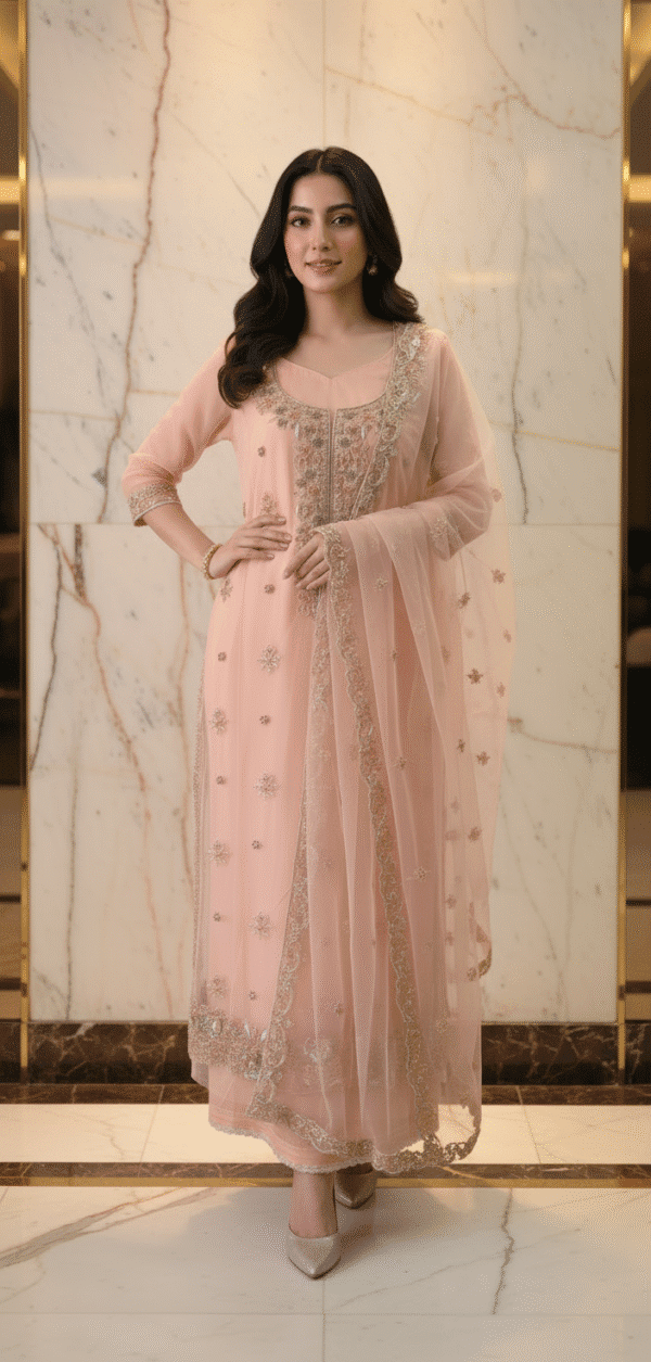 Peach Handmade Embroidered Net Cut Dana Dress with Camisole | H.S-35 - Image 3