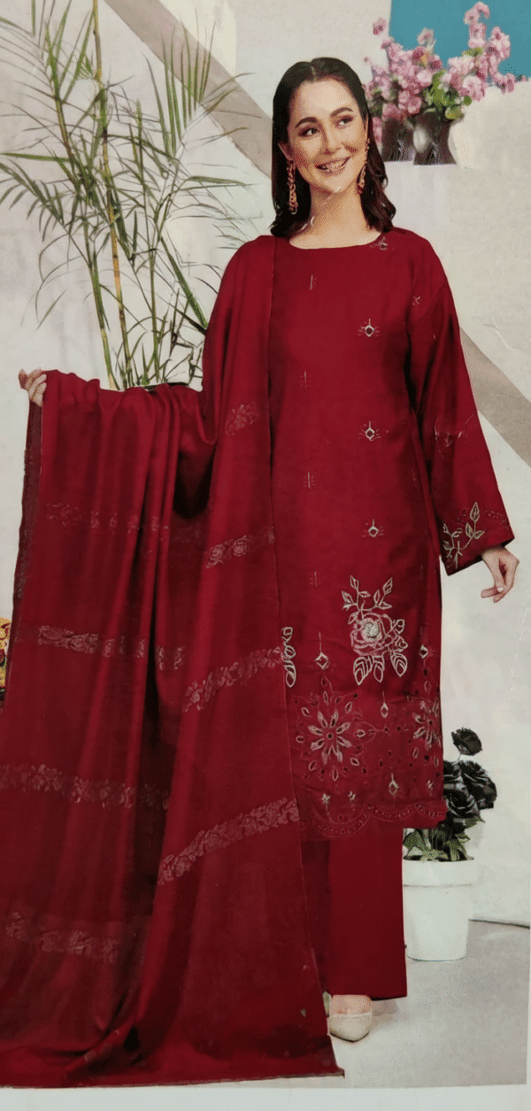 HS Luxurious Maroon 3-Piece with White Floral Embroidery | H.S-02V
