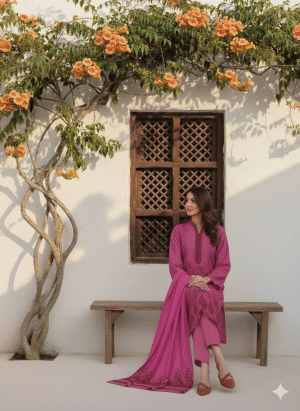 Chmki Dhanak Embrioded Shirt Vlvet Pulo Shawl Chmki Trouser – Magenta | H.S-23D - Image 2