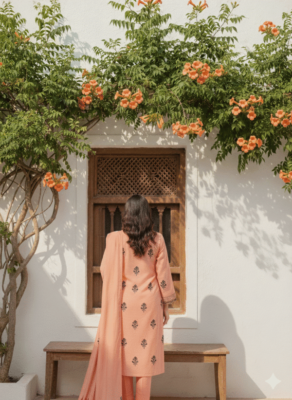 Chmki Dhanak Embrioded Shirt Vlvet Shawl Chmki Trouser – Peach | H.S-24P - Image 2