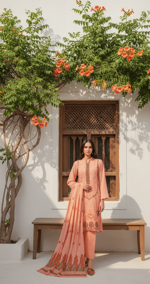 Chmki Dhanak Embrioded Shirt Vlvet Shawl Chmki Trouser – Peach | H.S-24P