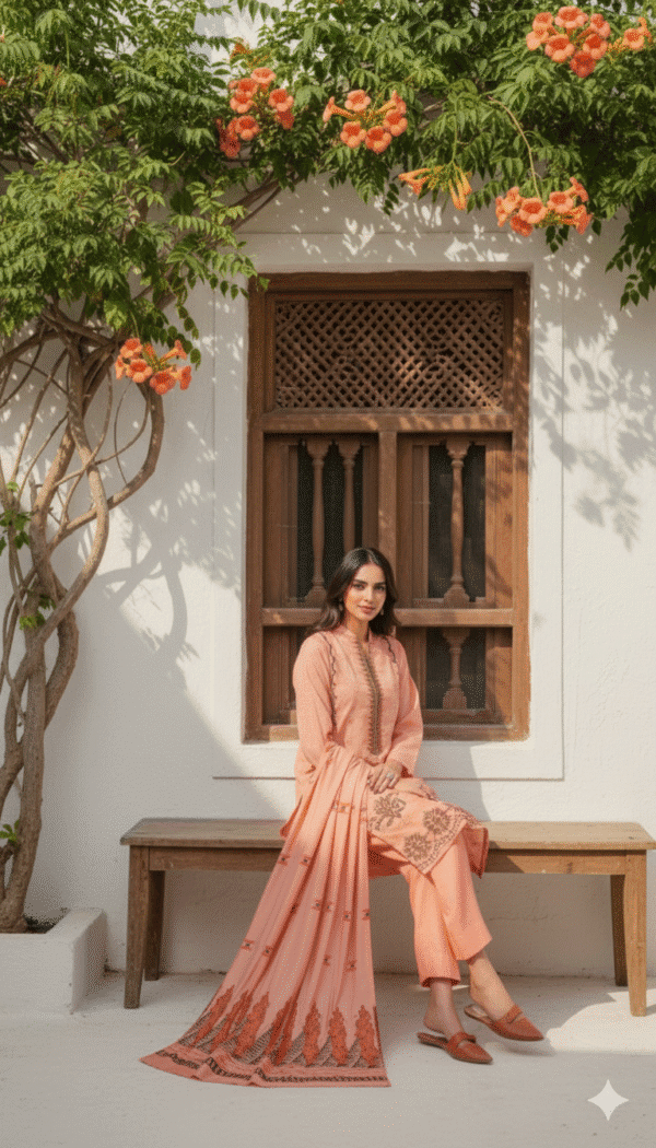 Chmki Dhanak Embrioded Shirt Vlvet Shawl Chmki Trouser – Peach | H.S-24P - Image 4