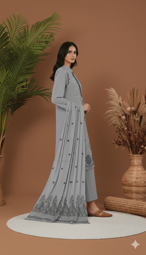 Chmki Dhanak Embrioded Shirt Vlvet Pulo Shawl Chmki Trouser – Grey | H.S-25D - Image 2
