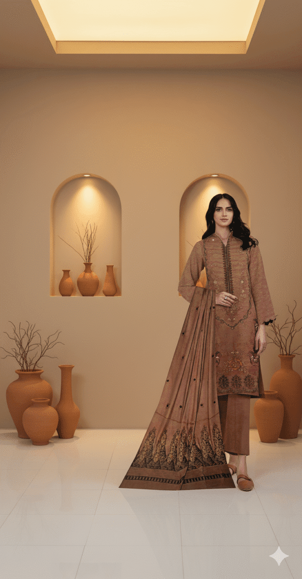 Chmki Dhanak Embrioded Shirt Vlvet  Shawl Chmki Trouser –Terracotta | H.S-26D - Image 2
