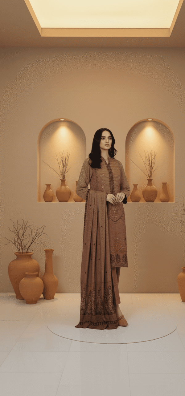 Chmki Dhanak Embrioded Shirt Vlvet  Shawl Chmki Trouser –Terracotta | H.S-26D