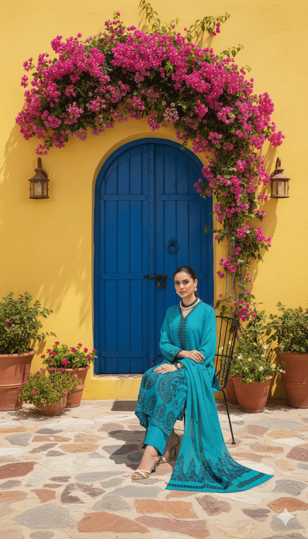 Chmki Dhanak Embrioded Shirt Vlvet Shawl Chmki Trouser – Teal| H.S-28D - Image 2