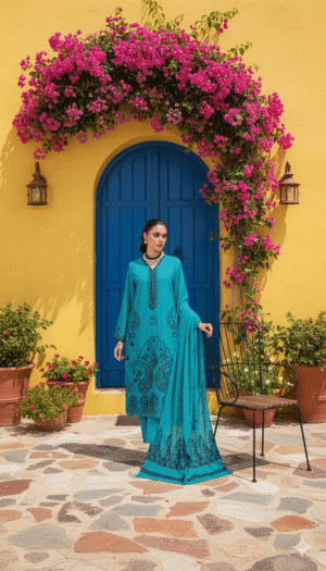 Chmki Dhanak Embrioded Shirt Vlvet Shawl Chmki Trouser – Teal| H.S-28D