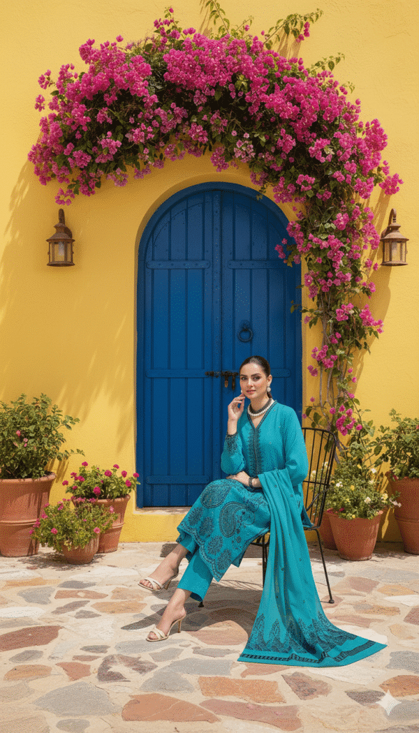 Chmki Dhanak Embrioded Shirt Vlvet Shawl Chmki Trouser – Teal| H.S-28D - Image 4