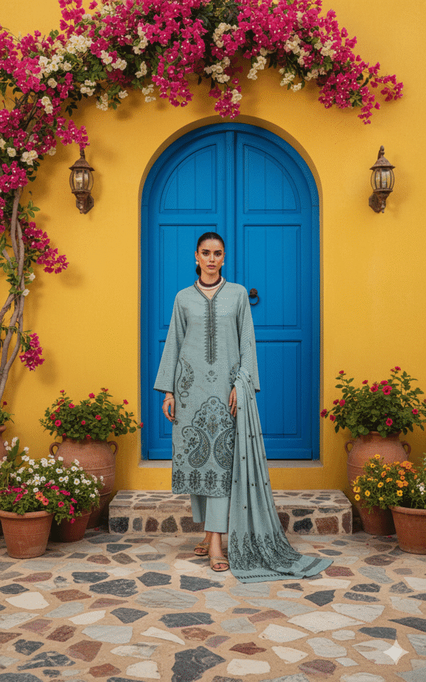 Chmki Dhanak Embrioded Shirt Vlvet Shawl Chmki Trouser – Aqua| H.S- - Image 2