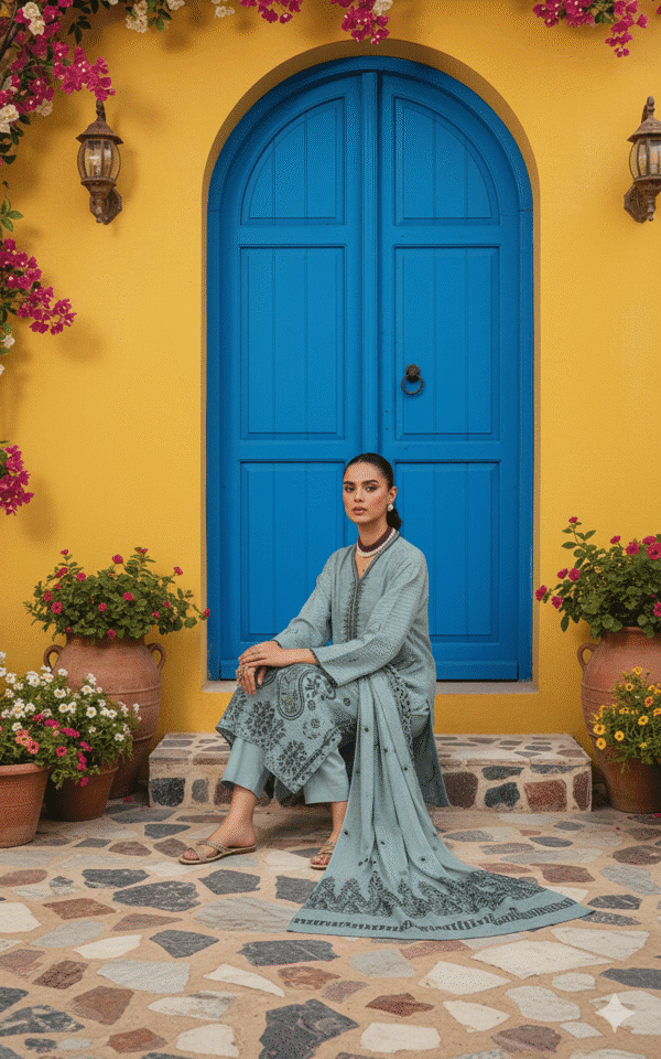 Chmki Dhanak Embrioded Shirt Vlvet Shawl Chmki Trouser – Aqua| H.S- - Image 3