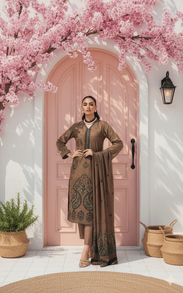 Chmki Dhanak Embrioded Shirt Vlvet Shawl Chmki Trouser – Mocha| H.S-30D - Image 2