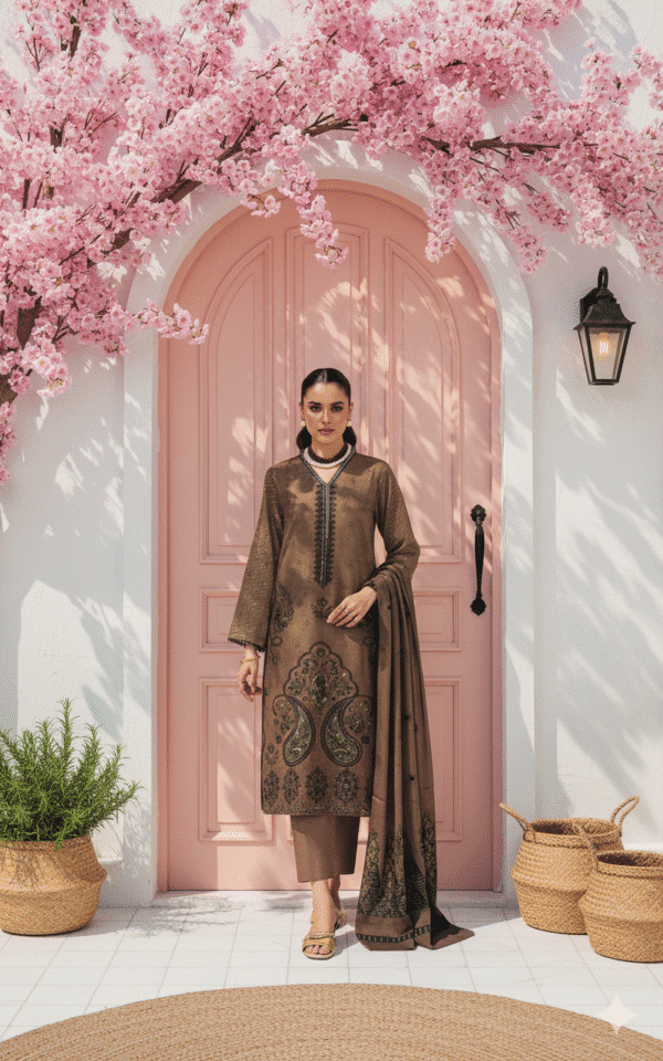 Chmki Dhanak Embrioded Shirt Vlvet Shawl Chmki Trouser – Mocha| H.S-30D