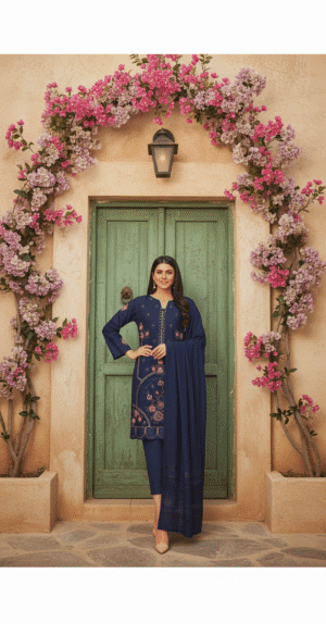 HS Dhanak 3 Piece – Embroidered Shirt with Velvet Chamki Shawl | H.S-33D