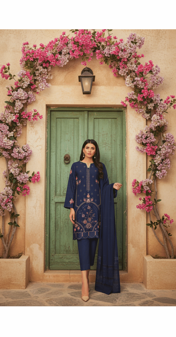 HS Dhanak 3 Piece – Embroidered Shirt with Velvet Chamki Shawl | H.S-33D - Image 2