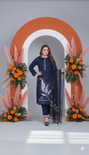 HS Dhanak 3 Piece – Front Embroidery with 3D Shawl & Premium Dyed Trouser |H.S-34D