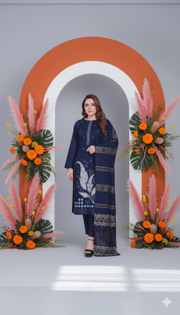 HS Dhanak 3 Piece – Front Embroidery with 3D Shawl & Premium Dyed Trouser |H.S-34D - Image 3