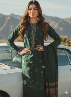 HS Dhanak 3 Piece – Heavy Embroidered Daman with Multani Shawl |H.S-35D