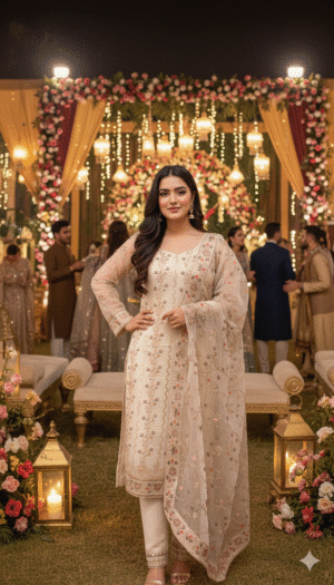 HS Embroidered Organza Suit with Net Dupatta & Silk Trouser| H.S-01E